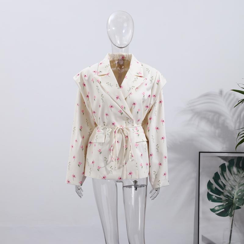 Módní květinové pásky Blejzr Kabát Dámský Ramenní vycpávky Jednořadé S klopami Dlouhý rukáv Streetová bunda 2025 Jarní sváteční párty