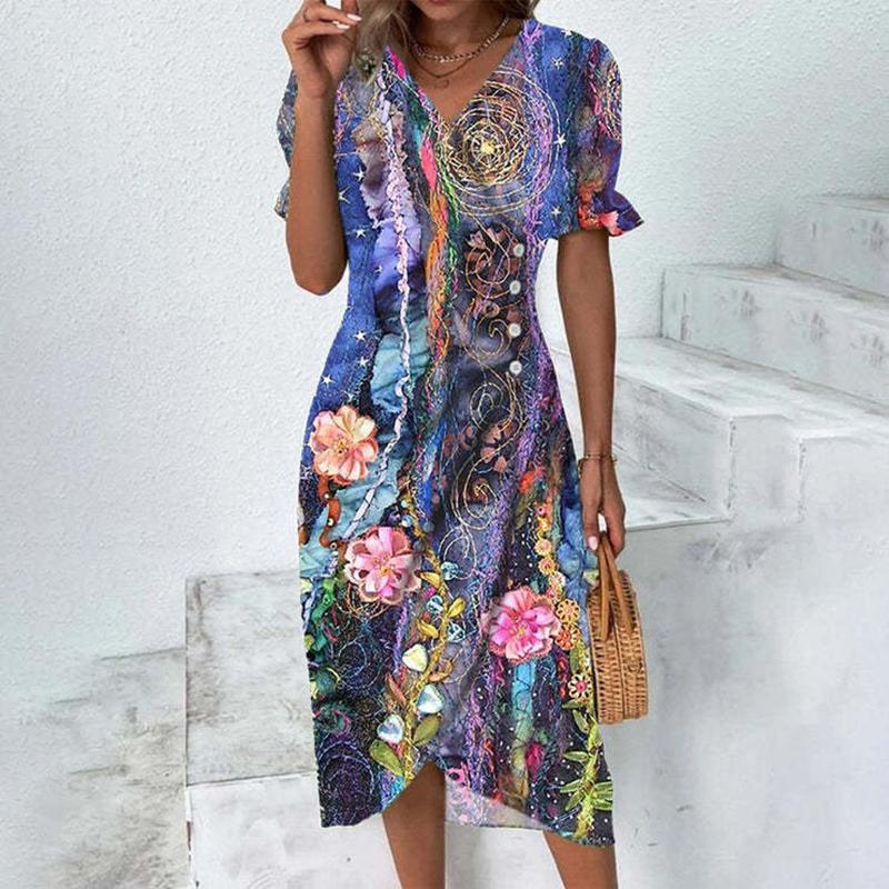 Vestito da ufficio vintage slim boho elegante con stampa floreale, maniche a sbuffo, abito da festa da donna, scollo a V, bottoni drappeggiati, irregolare, a trapezio