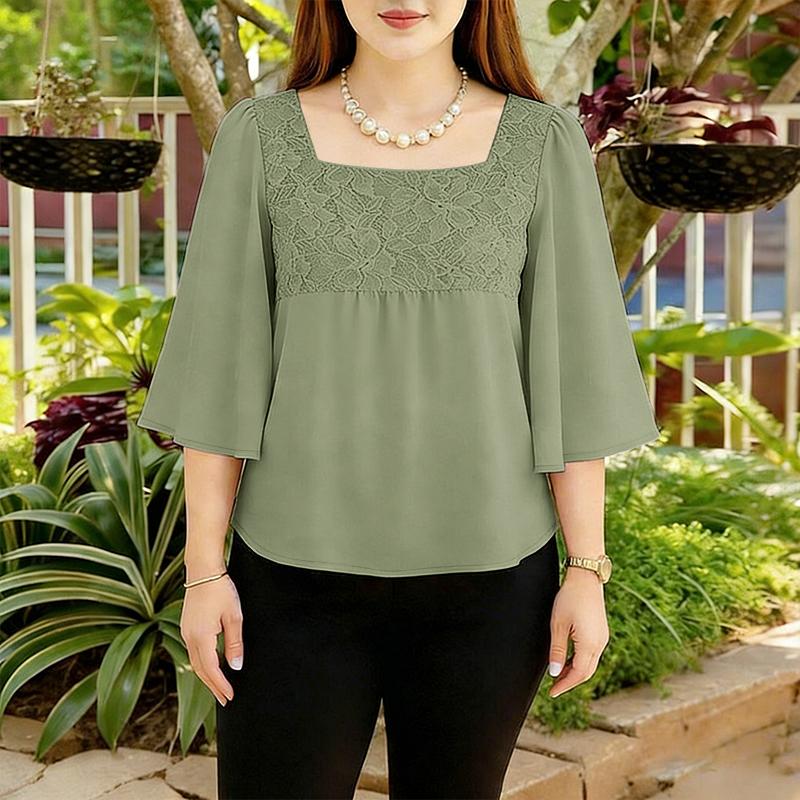 ZANZEA Women Lace Patchwork Square Collar 3/4 Sleeve Elegant Blouse