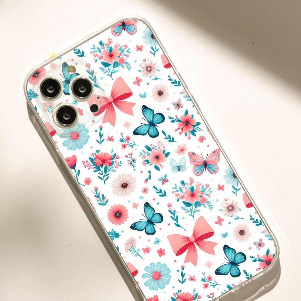 Blue Butterfly Flower Cluster Anti-Fall Transparent Case for iPhone 14/15/16/17 Pro Max Series