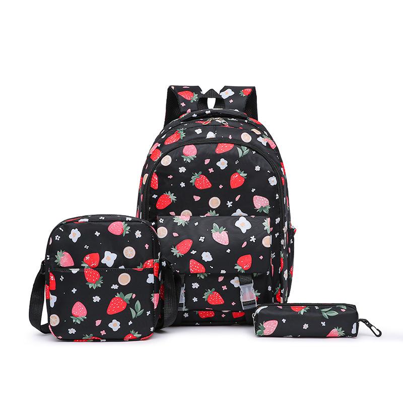 Strawberry Print Backpack Set Student Three-Piece Schoolbag Women's Large Capacity Water-Repellent Graffiti Backpack