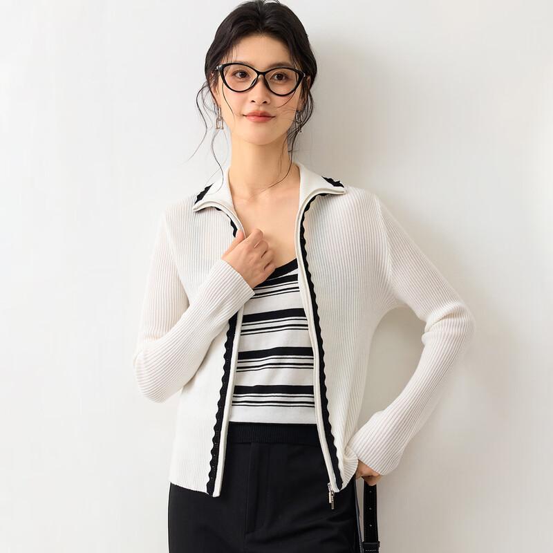 Elegant Silk Blend Contrast Lace Zipper Knitted Cardigan