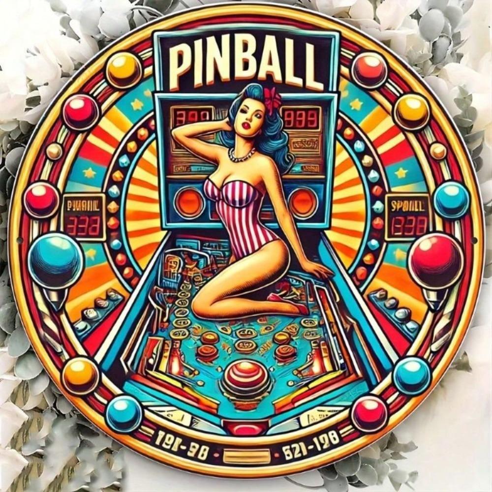 Retro Round Metal Pinball Sign 20cm Bar Cafe Decor