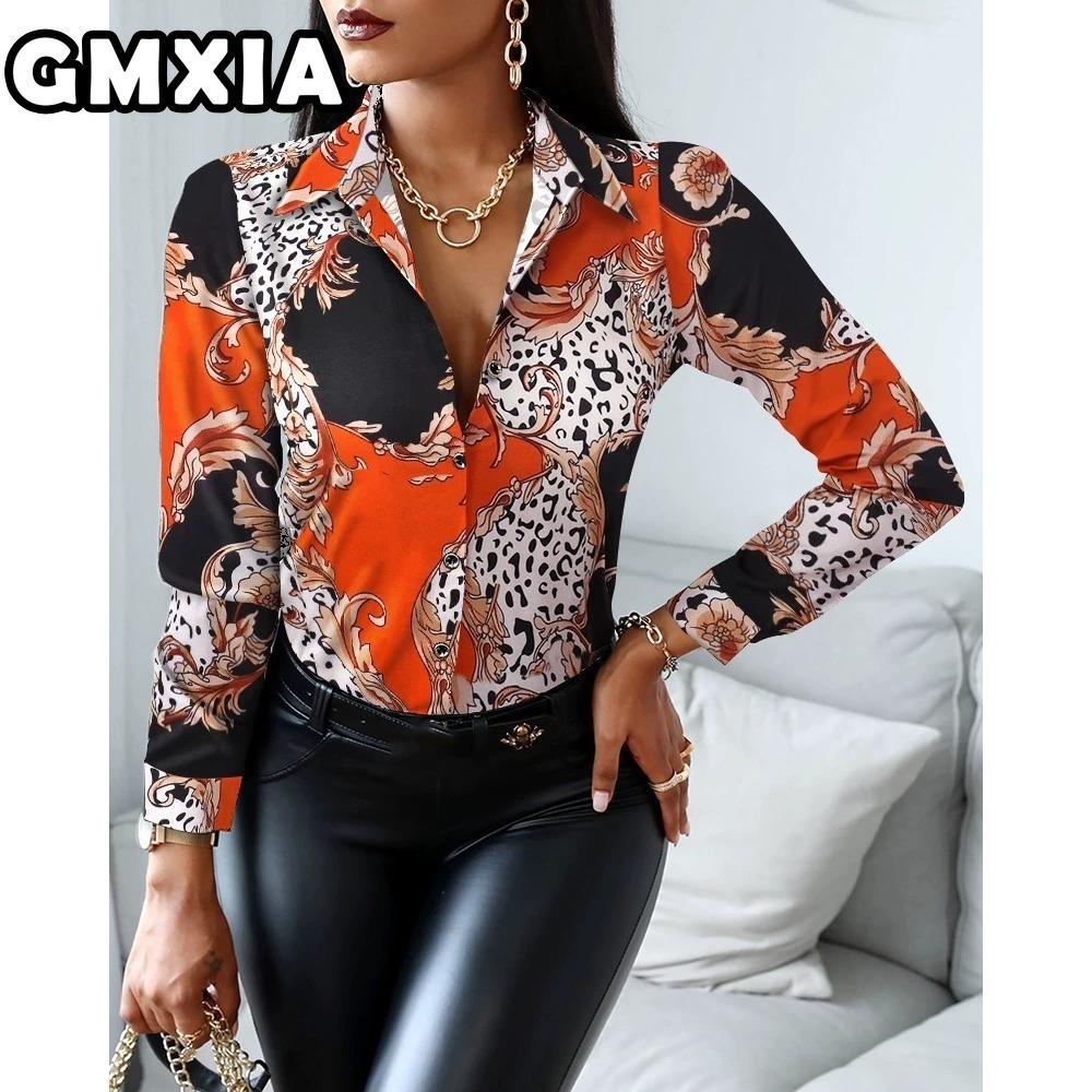 GMXIA Damenmode Lässig Freizeit Einfarbig Druck Langarm POLO Kragen Blusen & Hemden