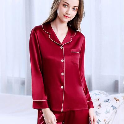 Pigiama da donna in raso semplice, manica lunga, bottoni, bavero, con pantaloni elastici, pigiama da notte, 2 pezzi