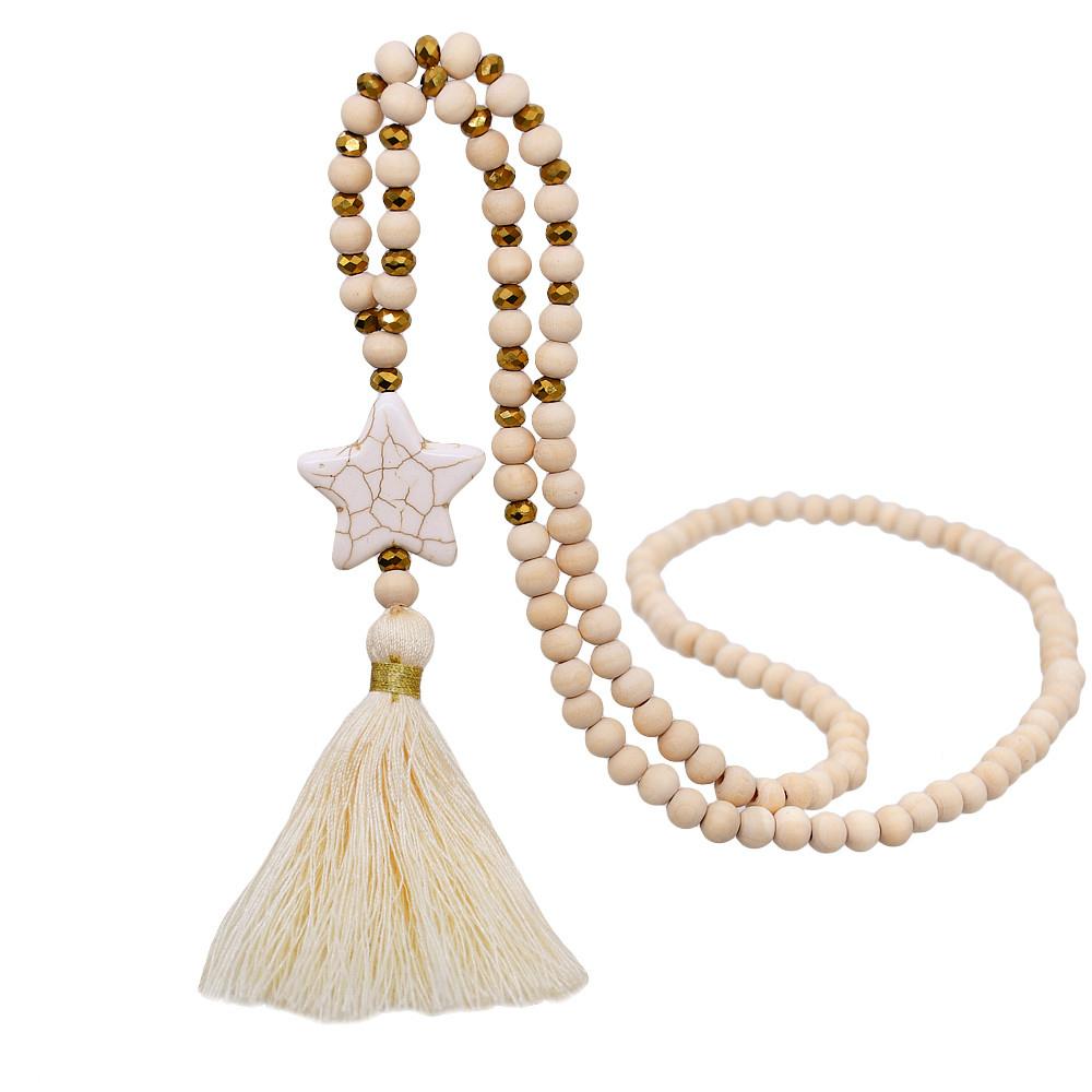 

Trendy Simple Beige Fringe Long Necklace Glass Wooden Beads Star Pendant Handmade Zircon Women Beach Dresses Accessory 88cm бежевий