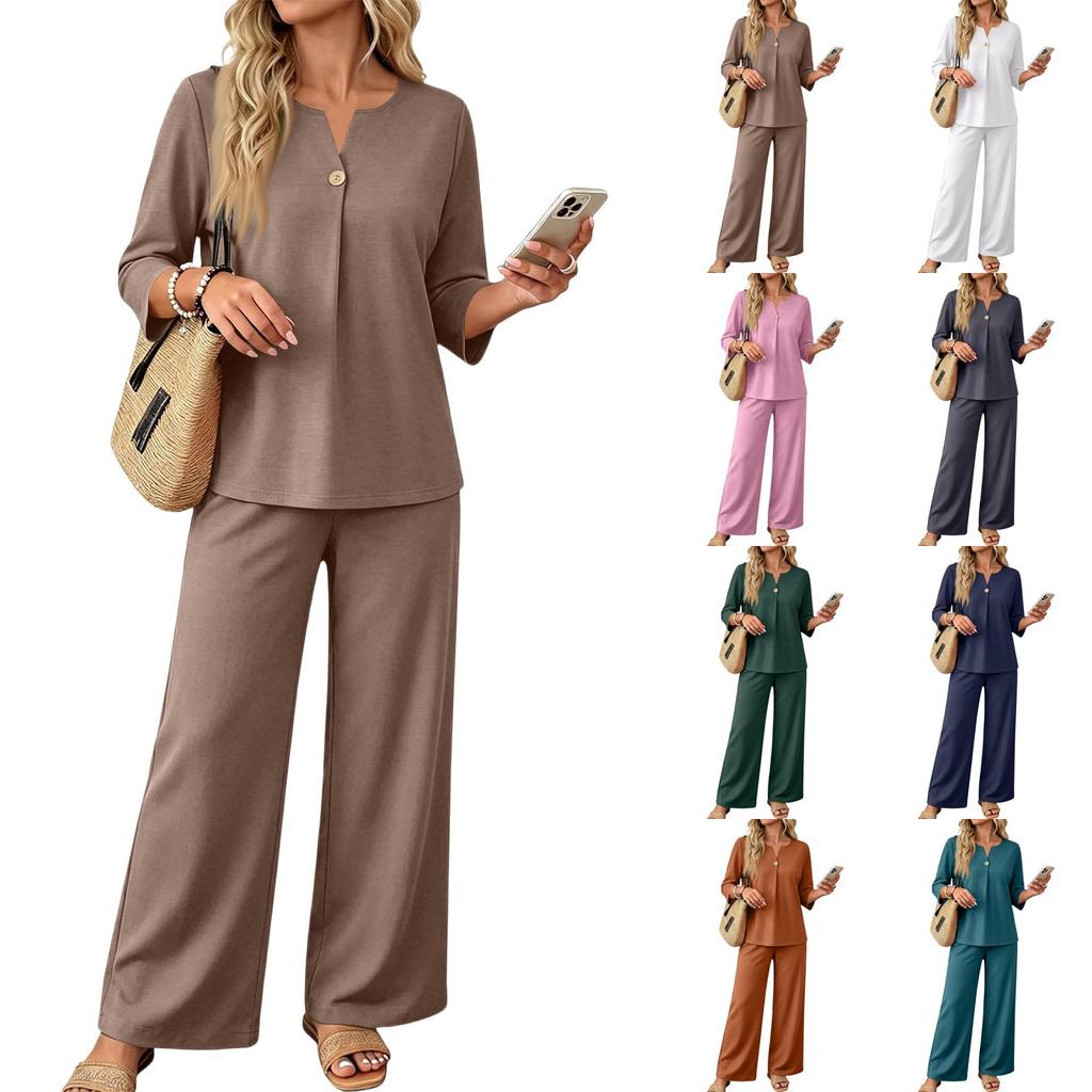 Women's 2-Piece Outfit Set Button Down 3/4 Sleeve Top and Wide Leg Pants Color Casual Matching Set for Everyday Wear