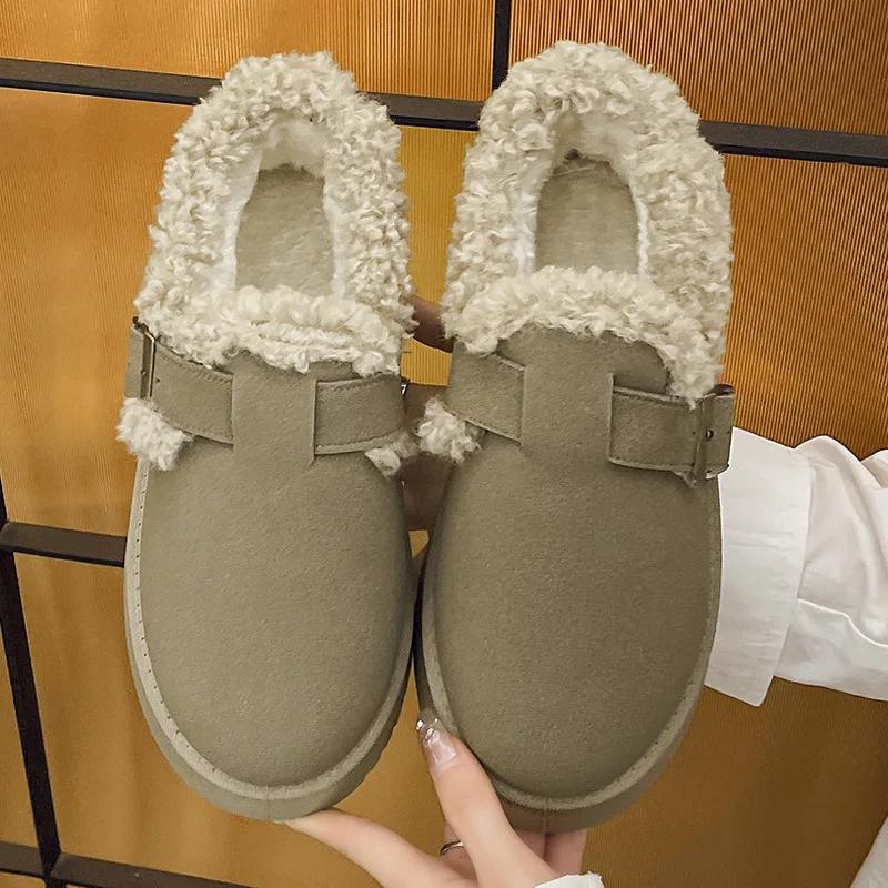 Fashion Korean Version of Thick Sole Woolen Shoes Women 2024 Winter New Wear Round Head Warm Plus Cashmere Fashion Casual Cotton Shoes