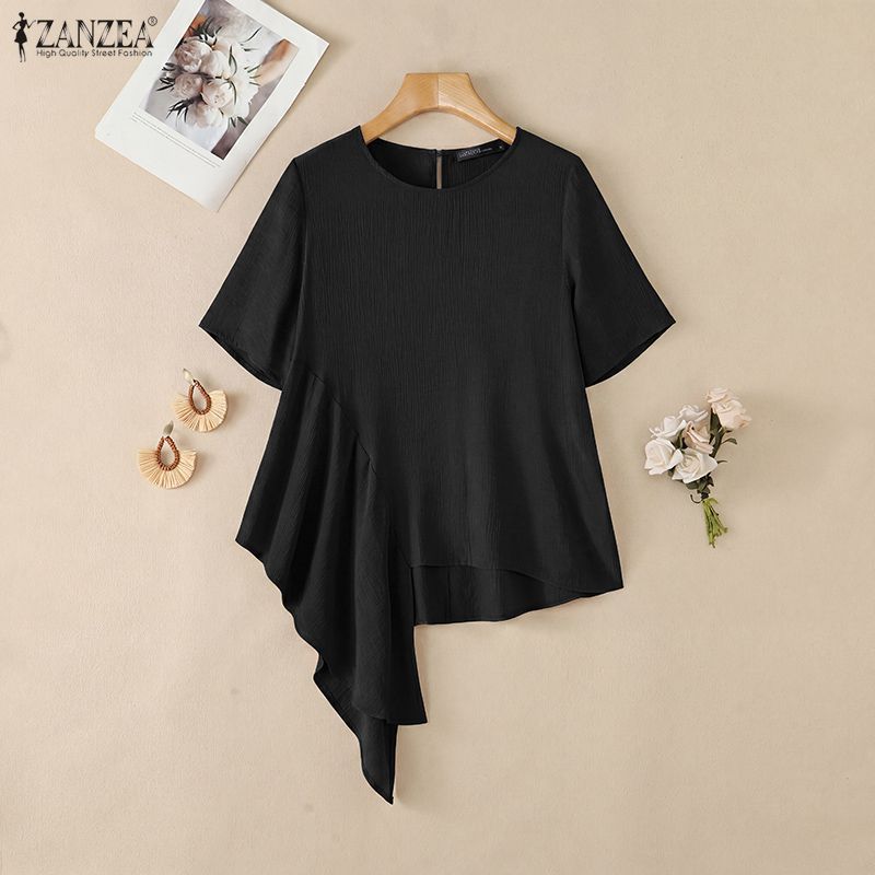 ZANZEA Women Casual Round Neck Solid Color Loose Short Sleeve Blouse