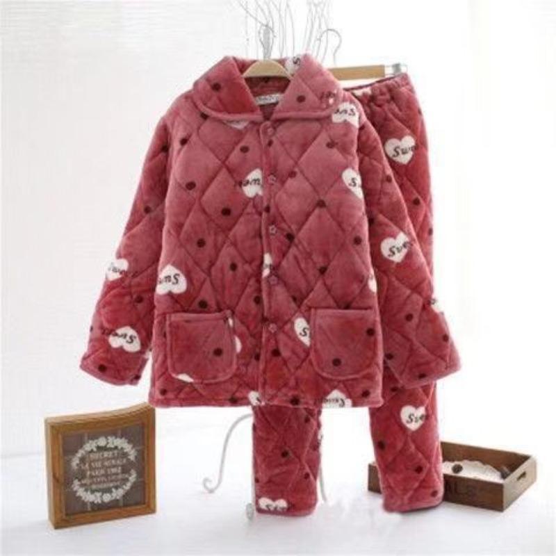 Thickened pajamas women's winter three-layer coral fleece padded cotton can be worn outside, plus sweet loungewear set