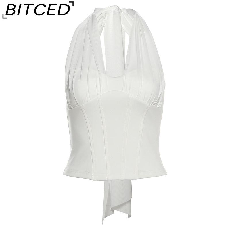 BITCED Summer Women's Solid-Colour Sexy Halterneck Fishbone-Style Crop Top