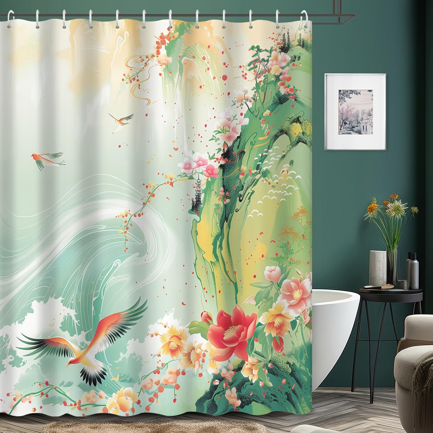 

1Pc Shower Curtain - Elegant Floral Design With Flying Birds, Perfect For Bathroom Decoration, Bringing The Harmonious Beauty W60H190(CM)-1 Pcs