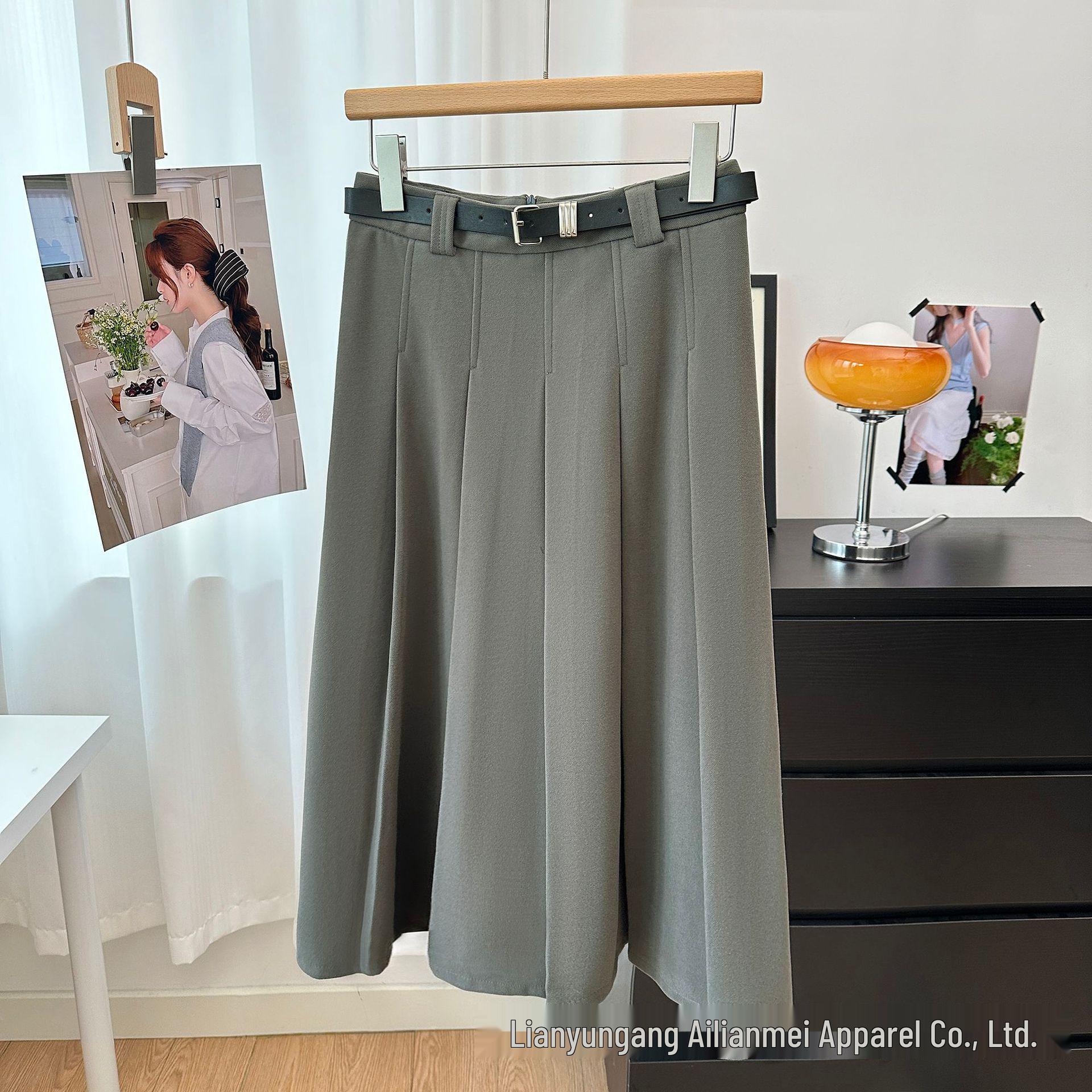 

Women s Elegant High-Waisted Wool Blend Pleated Midi Skirt with Belt S (Suitable for up to 90 lbs)