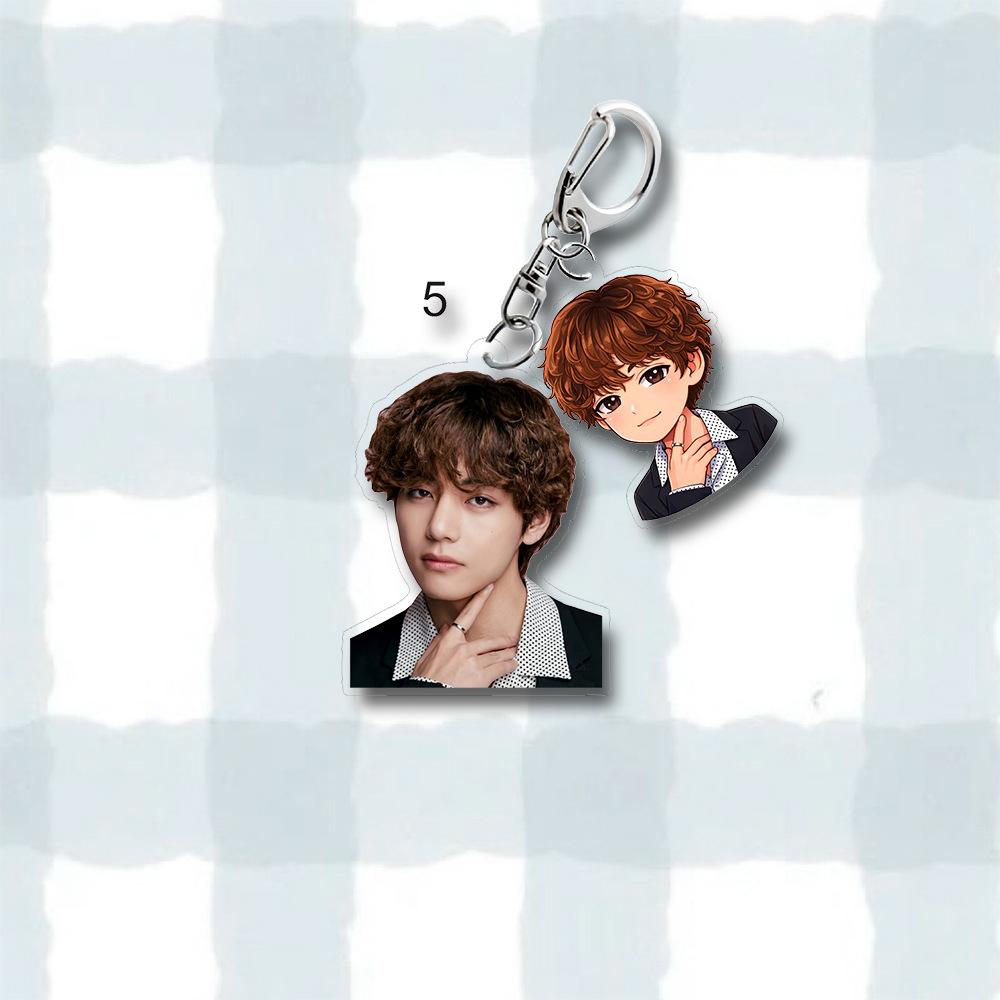 BTS Takım Elbiseli Fotoğraf & Anime Karikatür Çift Akrilik Anahtarlık, Bangtan Boys Gerçek Fotoğraf + Karikatür Figürlü Anahtarlık, ARMY için K-pop İdolü Çanta Süsü