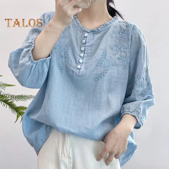 

Женская летняя рубашка с круглым вырезом и пуговицами, рубашка с коротким рукавом, топы, свободная рубашка с вышивкой и цветочным узором