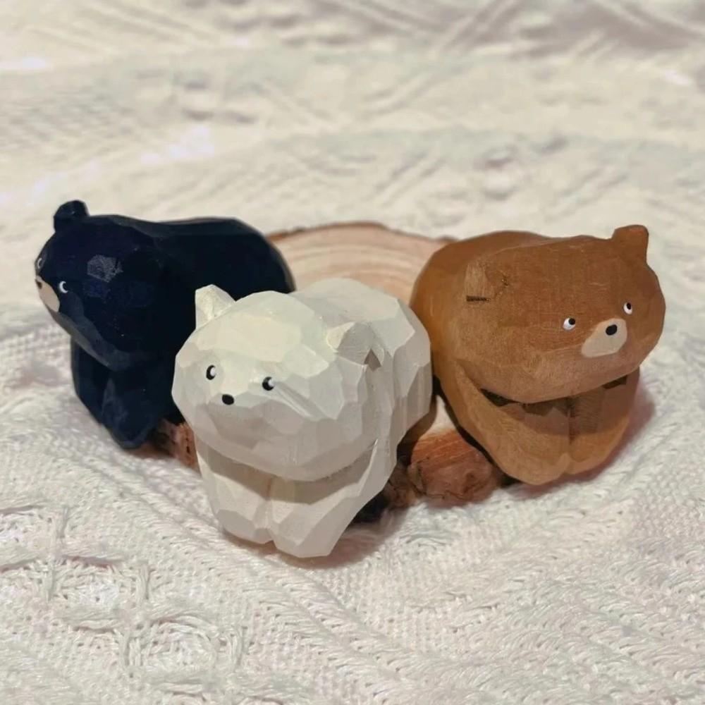 Cute Bear Desktop Ornament Miniature Wooden Bear Figurines Cuddly Wooden Carving Ornament Home