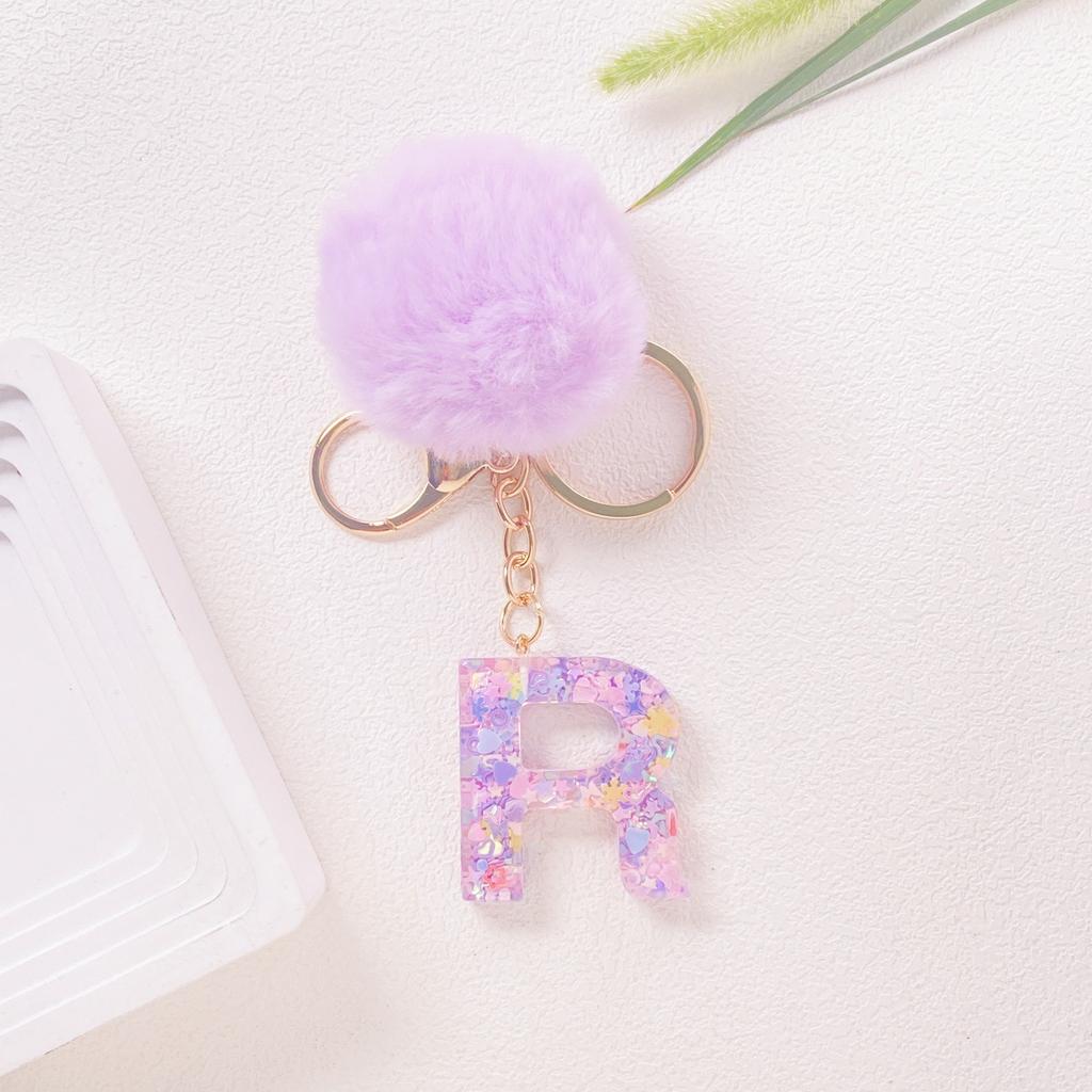 Hairball English 26 Letter Keychain Purple Resin Bag Key Chain Love Sequins Crystal Pendant