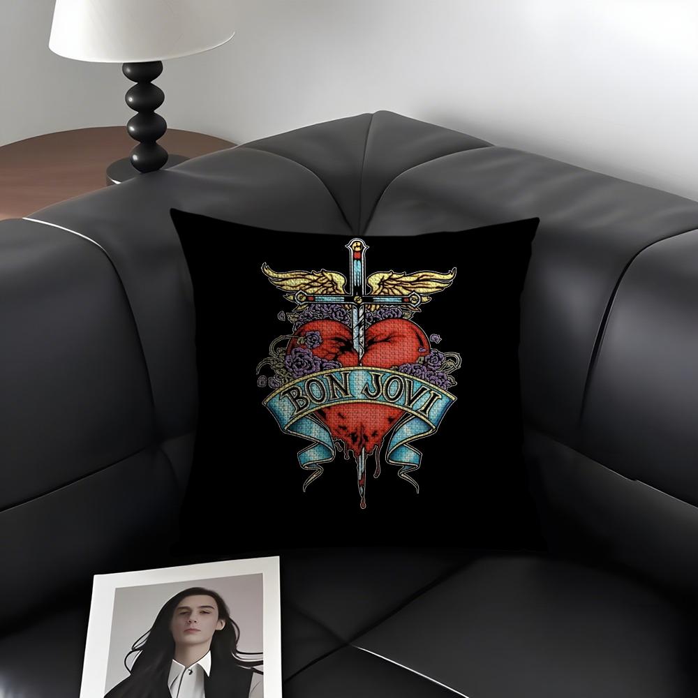 BBon JoviS Band Cushion Cover Natural Linen Organic Fabric DoubleSided Printing Sofa Home Decor Gift Pillow Case