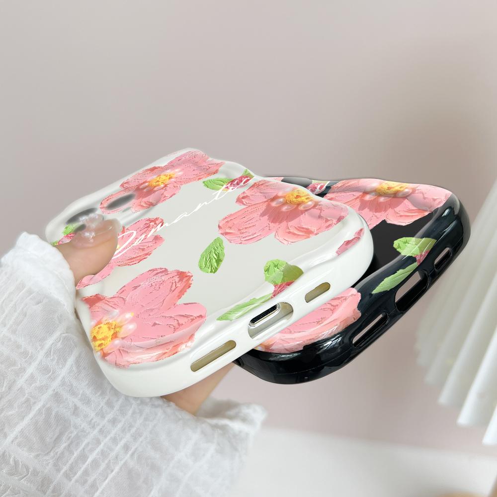 For iPhone 16 15 14 13 12 Samsung S24 S23 S22 A06 A13 A14 A15 A16 A55 Redmi Note 13 12 Pink Flowers Pattern Soft Silicone Wave Edge Phone Case