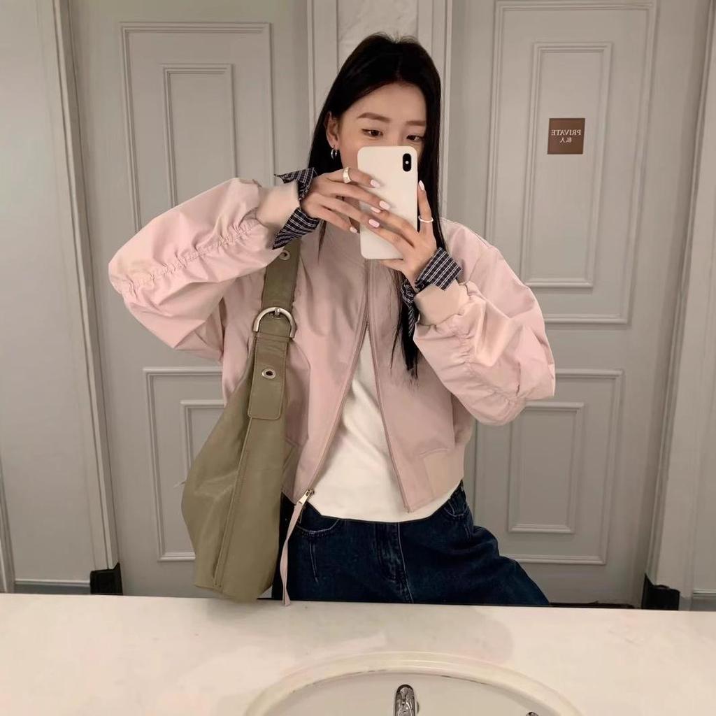 Korean-Style Pink Spliced Women's Baseball Jacket - Trendy Spring 2025 Edition