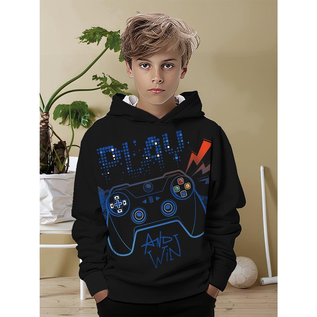 Boys' Black Hoodie with Vibrant Game Console Print - Casual and Comfortable Polyester Blend, Long Sleeves