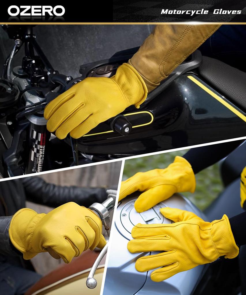 OZERO Motorcycle Gloves, Deerskin Leather, Made with Craftsmanship, for Motorcycles and Scooters, Men's, Spring, Summer, Autumn, Yellow, Size M