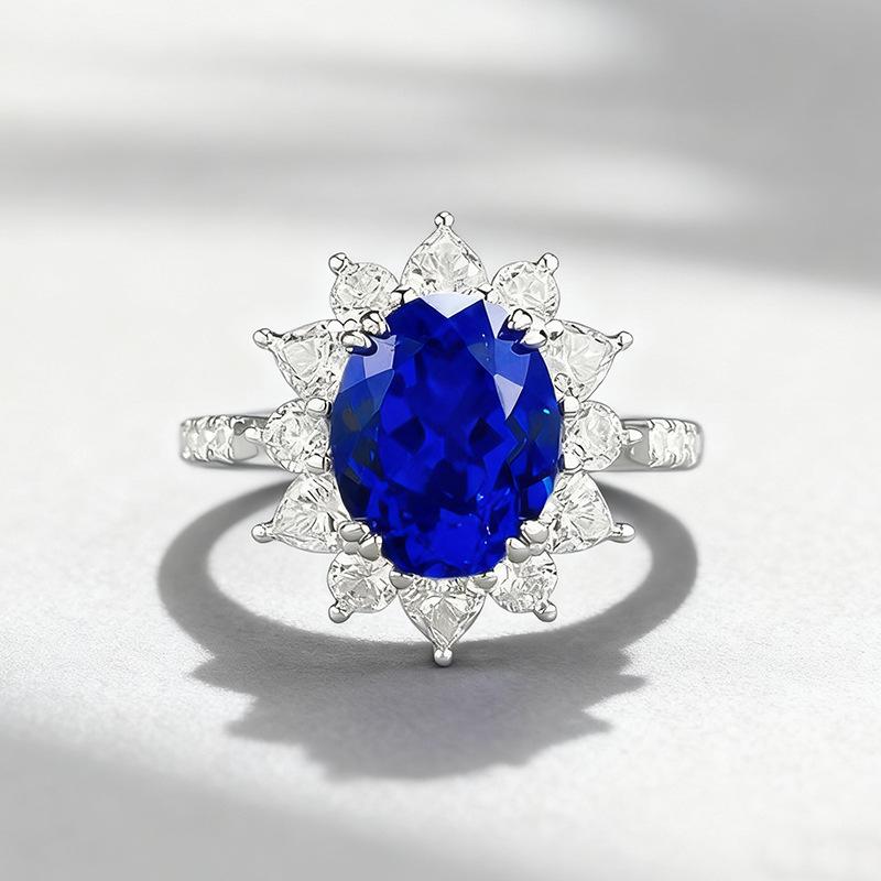 2025 S925 Silver Blue Flower Oval Ring - European & American Style Size 6