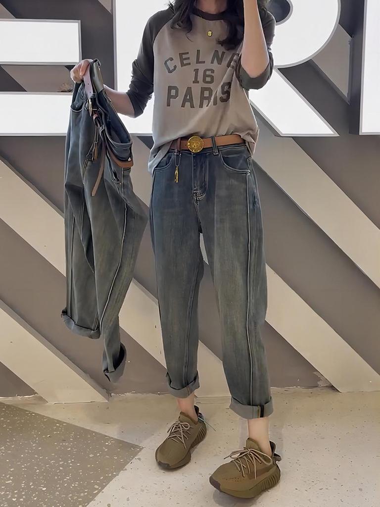 Women's Plus Size High-Waisted Slimming Straight-Leg Jeans - Autumn/Winter Loose Fit Harem Pants