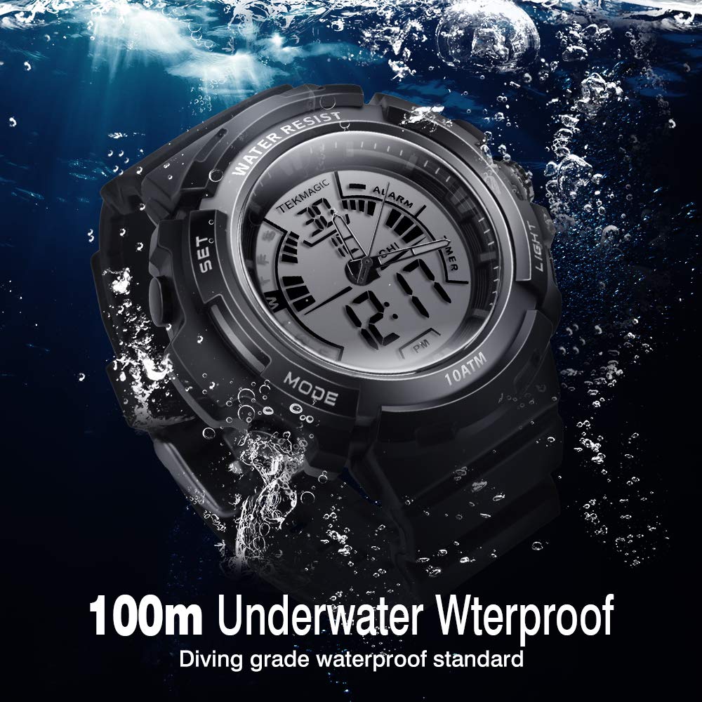 TEKMAGIC Swimming and Diving Watch, 10 ATM Water Resistant, 100 Meter Diving Watch with Stopwatch and Alarm Clock, Dual Time Zone Display, 1224 Hour