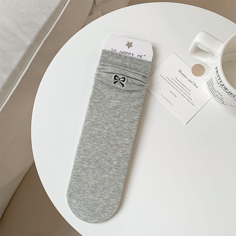 Socks Women'S Stacking Socks Bow Embroidered Women'S Socks Japanese Versatile Anti-Pilling Boneless Solid Color Simple Medium Tube Socks