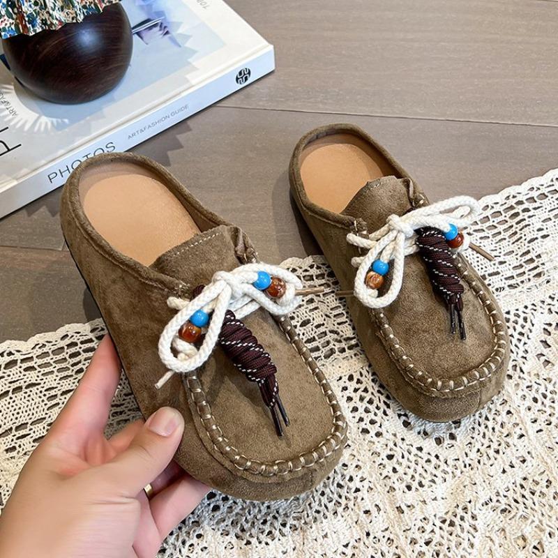 Fashion Women's Flat Shoes Cover Toe Slingback Lace-up String Bead One Kick Increased Internal Slippers All-match RetroSuede Women Shoes