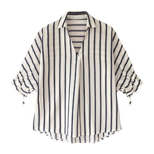 Summer 1116 New Han Fan Lace-up Seven-Sleeve Striped Shirt Women's Loose Casual Chiffon Shirt Bottom Top