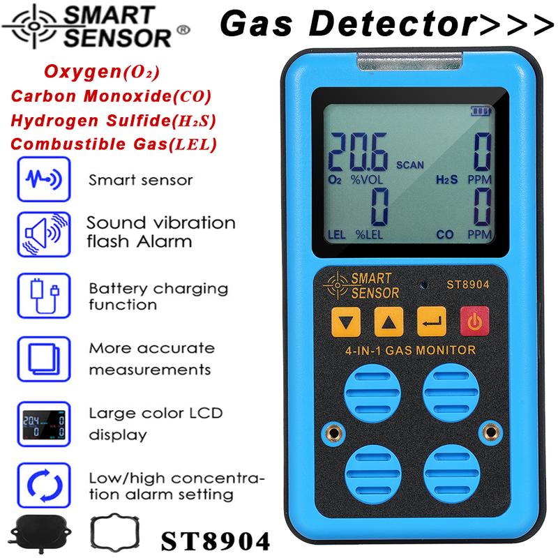 SMART SENSOR ST8904 Multifunctional Gas Detector Oxygen O2 Hydrogen Sulfide H2S Carbon Monoxide CO Combustible Gas LEL Gas Meter