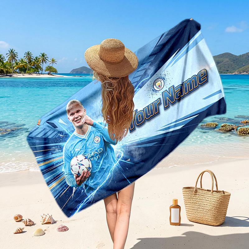 Erling Haaland Benutzerdefiniertes Strandtuch, Personalisierter Namens-Textdruck, Fußball-Logo Weiches Schnelltrocknendes Handtuch Urlaubsgeschenk