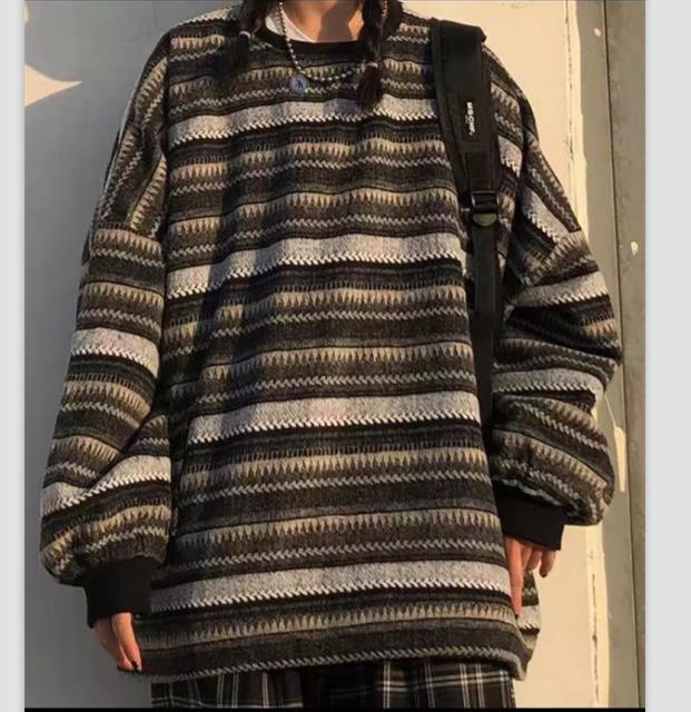 

Plus Size Retro Striped Wool Sweater with Pockets - Autumn/Winter Fleece Lined, Loose Fit, Round Neck M