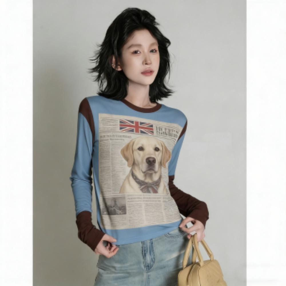 Spring Fashion Animal Dog Print Women's T-shirt Europe America Casual Pullover Women Long Sleeve Clothing Outdoor Street Tees Top