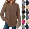 2025 European Style Women's Casual Loose Solid Long Sleeve Waffle Knit Round Neck Top