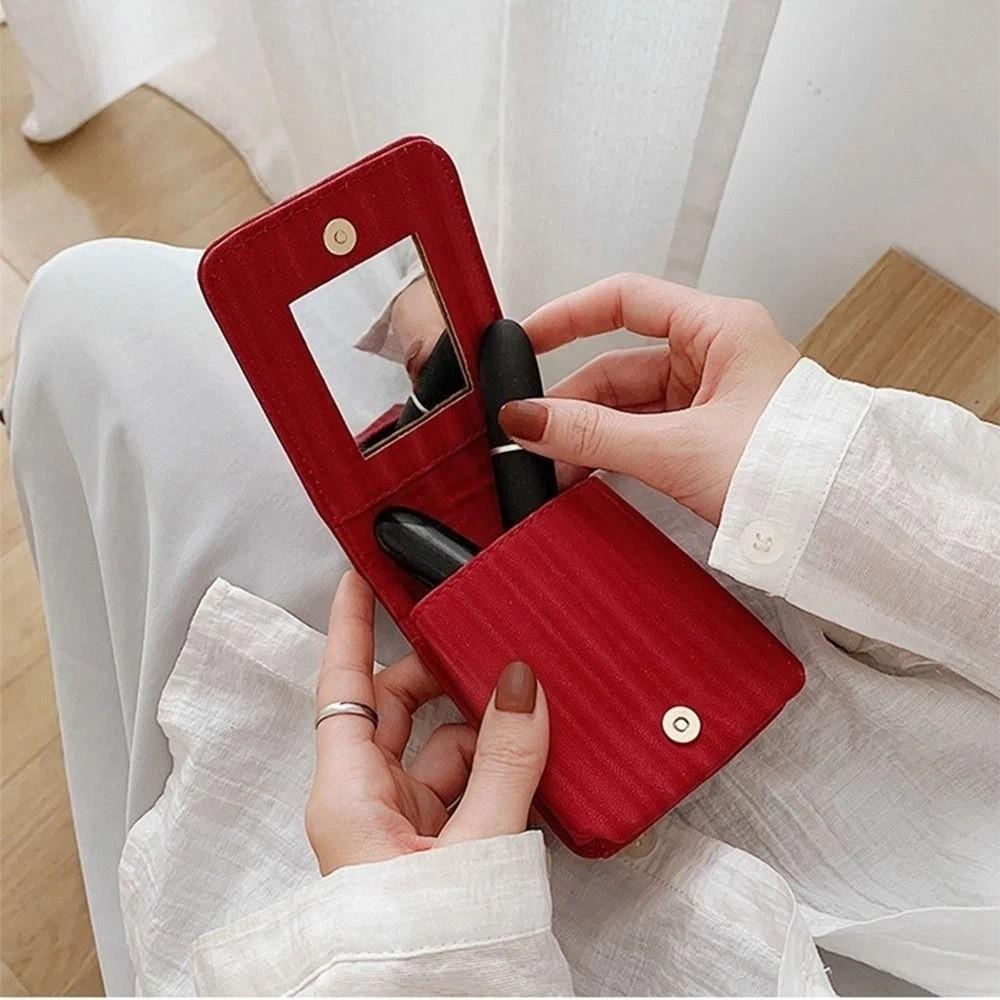 with Mirror Lipstick Bag Pu Leather Lipstick Storage Bag Portable Mini Cosmetic Bag  Travel
