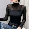 Half High Neck Autumn and Winter Velvet Mesh Top Women's Long Sleeved Lace Shirt Slim Fit T-shirt