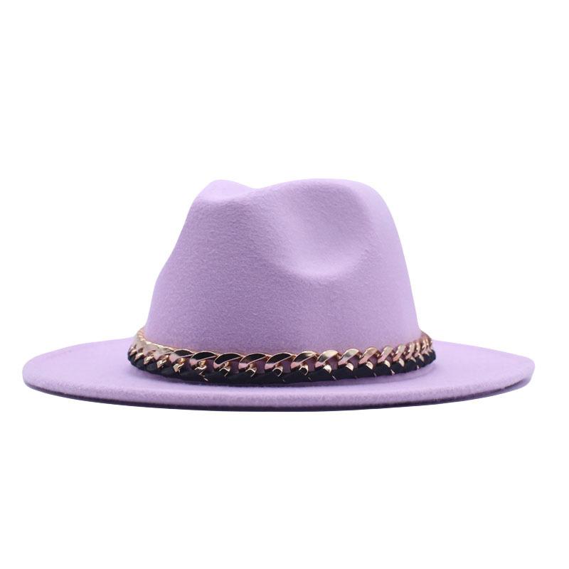 European, American Autumn and Winter British Style Fashionable and Elegant Flat-brimmed Big Eaves Hat Top Hat Men and Women Chain Jazz Woolen Hat
