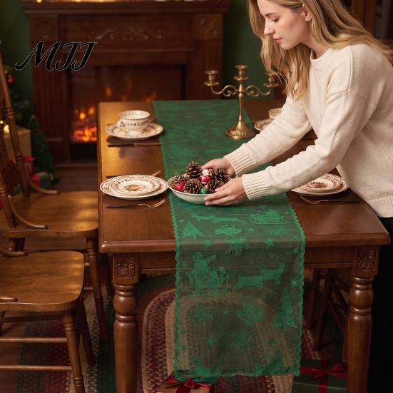 Holiday Table Runner Christmas Lace with Tassels, Sheer Embroidery Snowflake Sleigh Xmas Tablecloth, Cover for Parties Dining Room Decor Entryway