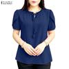 ZANZEA Blusa Casual de Mujer con Cuello Redondo, Color Sólido, Manga Corta Suelta