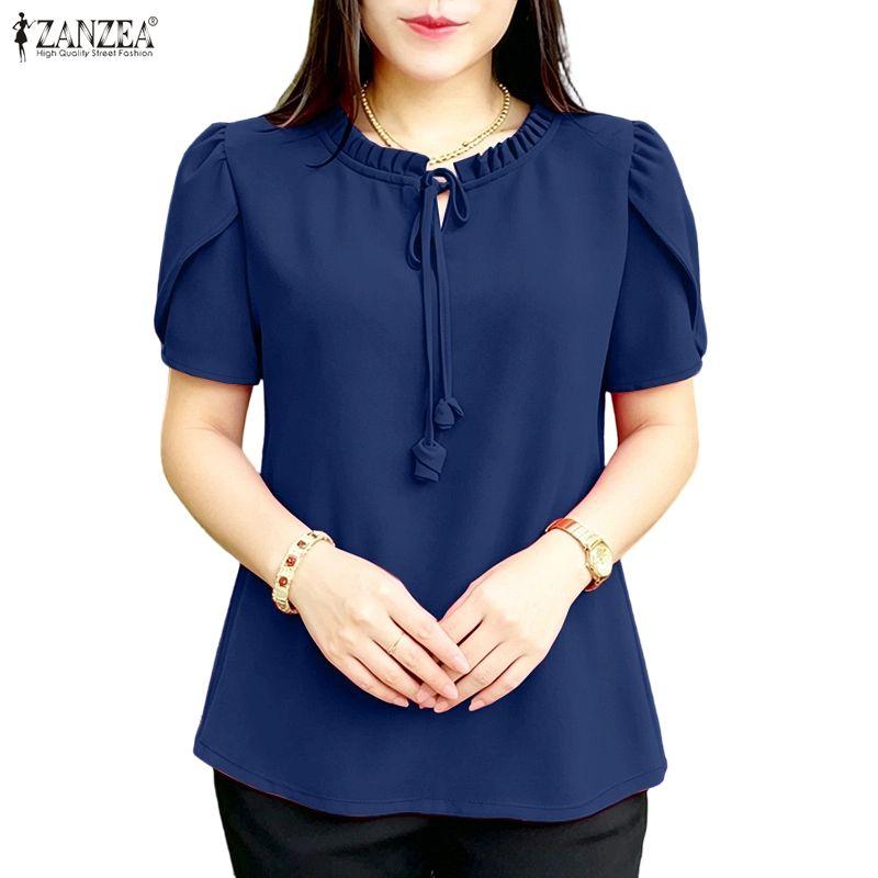 ZANZEA Blusa Casual de Mujer con Cuello Redondo, Color Sólido, Manga Corta Suelta