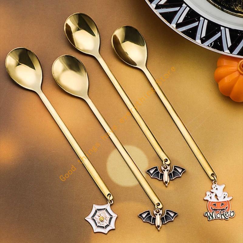 6 Pcs Stainless Steel Mini Salad Fruit Tasting Forks Halloween Tea Coffee Stirring Spoons for Dessert Milkshake Ice Tea 55KF