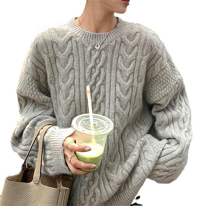 Retro crew neck twist simple solid color temperament pullover knitted sweater top versatile and thin sweater women's outer wear