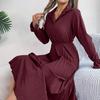 Spring Summer Women Long Sleeve Solid Pleated High Waist A Line V-Neck Long Dress