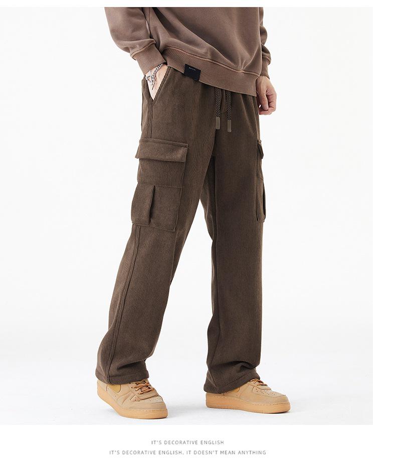Men's Winter Corduroy Work Pants: Fleece-Lined, Thick, Loose, Wide-Leg, Straight Casual.
