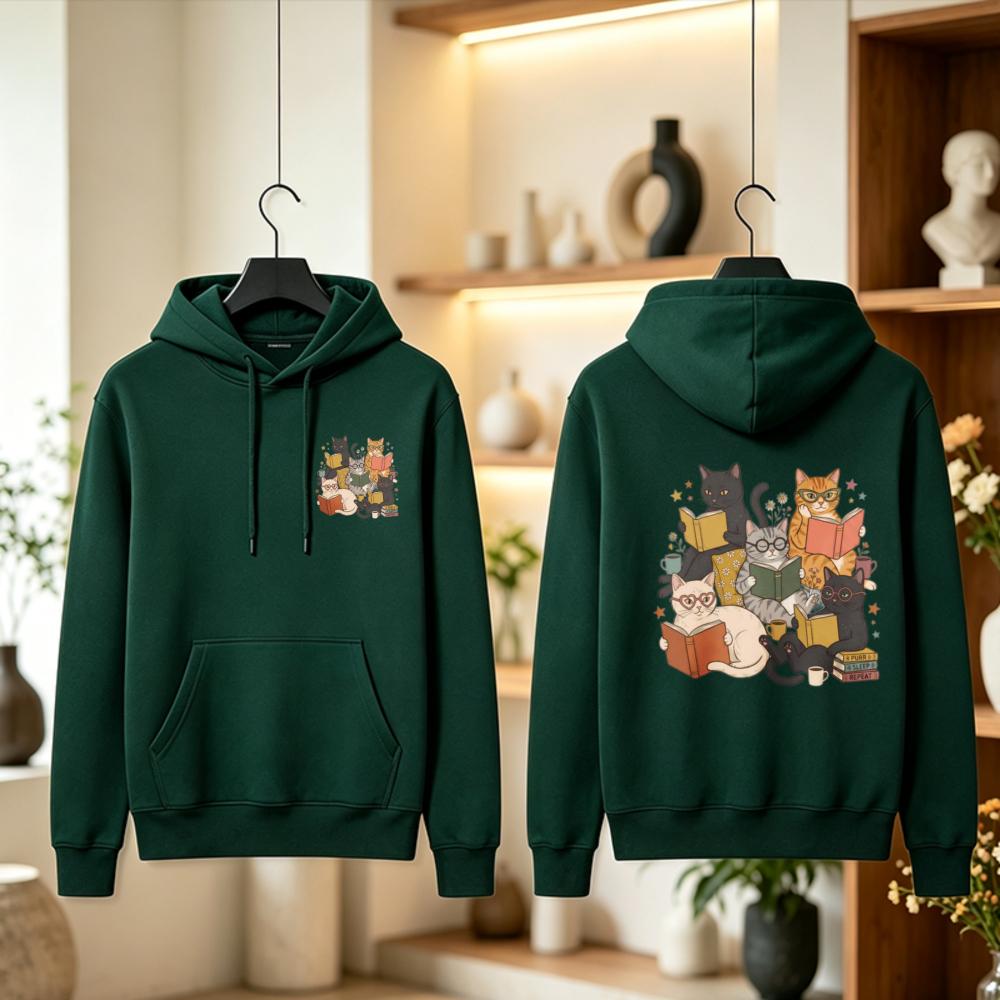 Vintage Retro Cartoon Cats Books Lovers Hoodie Oversized Fit Reading Glasses Coffee Cups Navy Blue Stars Graphic Pullover Sweats