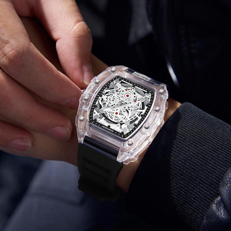 Men's Transparent Barrel-Shaped Quartz Waterproof Wristwatch