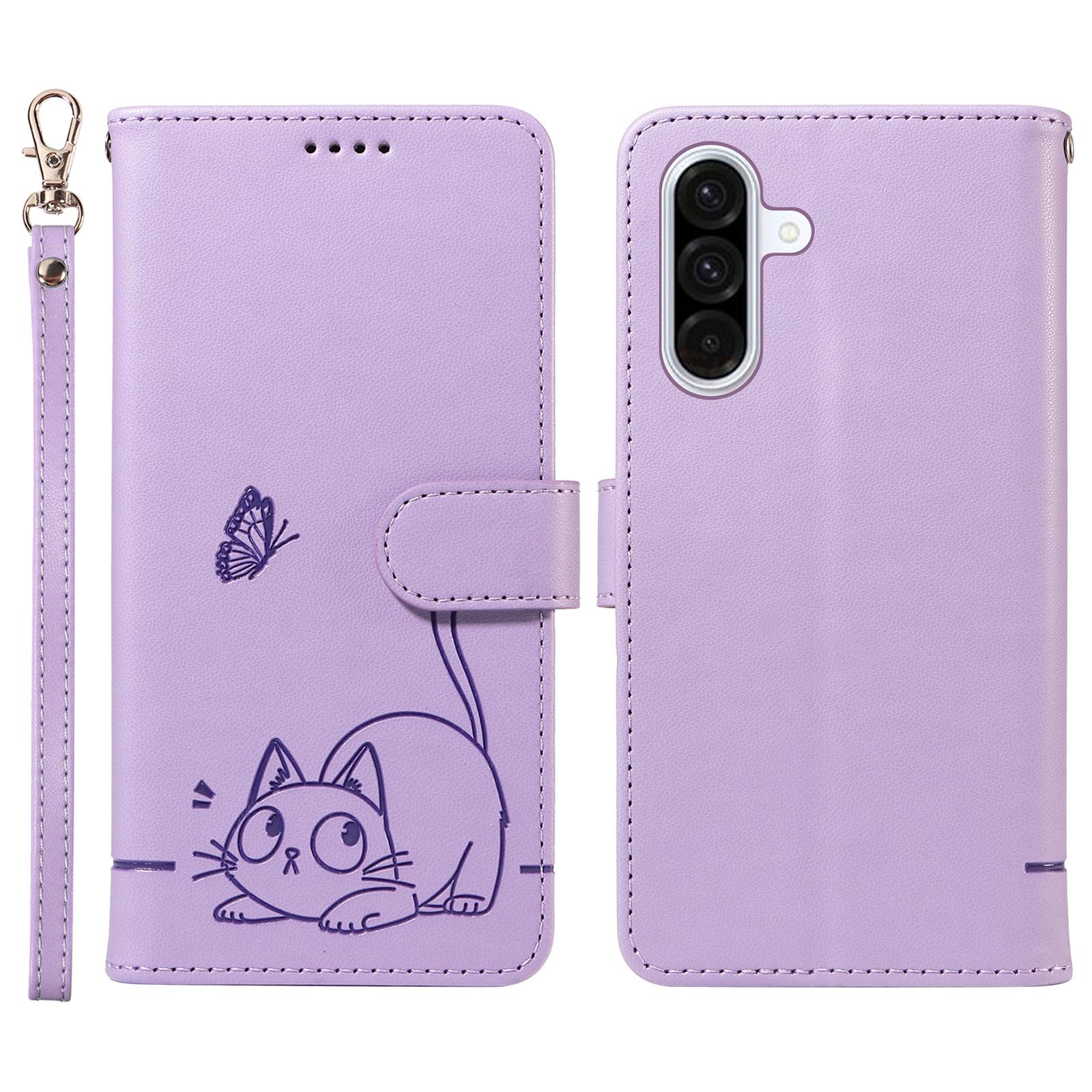 

For Samsung Galaxy A56 5G/A36 5G Wallet Case Cat Pattern Imprint Leather Phone Cover with Wrist Strap Light Purple